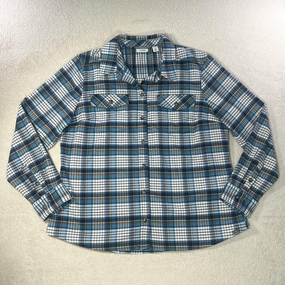 LL Bean Women's Flannel Shirt Blue White Plaid Cozy Warm SZ L Button Up Camping